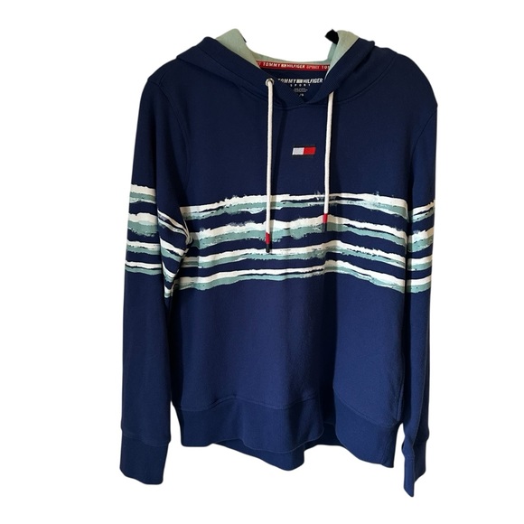 Tommy Hilfiger Tops - Tommy Hilfiger Sport Navy Blue Striped Logo Hooded Women’s Sweatshirt Large